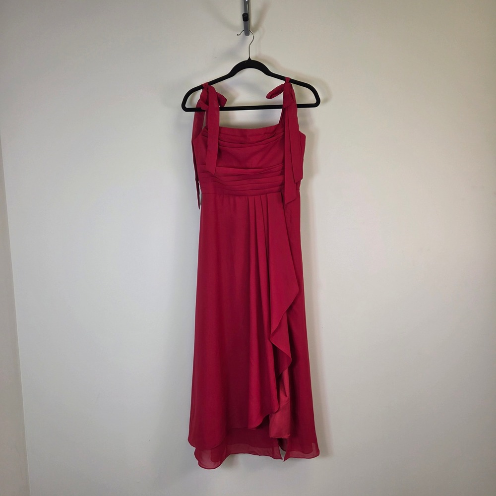 Red Chiffon Tie Shoulder Ruched Ruffle Midi Dress Size 12 Formal Wedding Guest